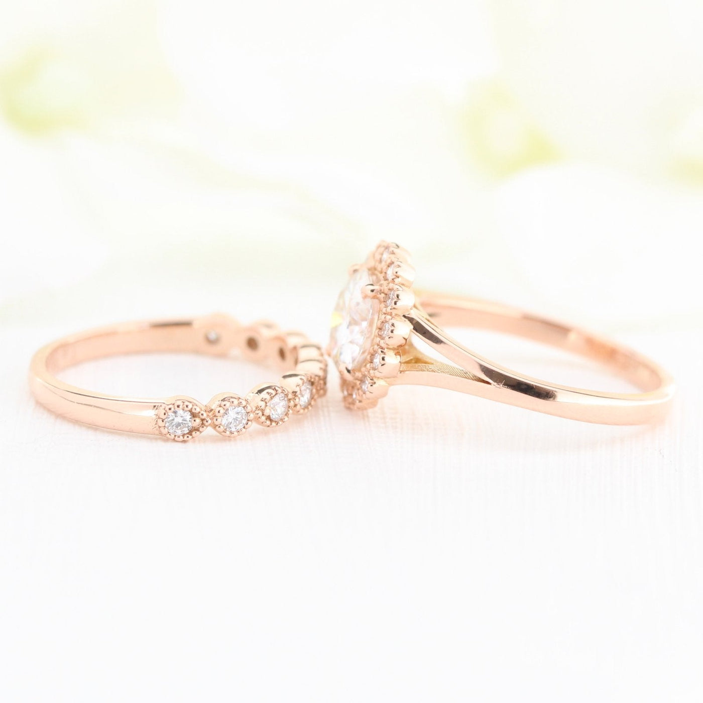 Vintage Round Cut Halo Moissanite Ring With Milgrain Diamond Band