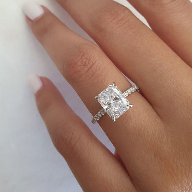 2.0ct Radiant Cut Hidden Halo Moissanite Diamond Engagement Ring in 14K White Gold 
