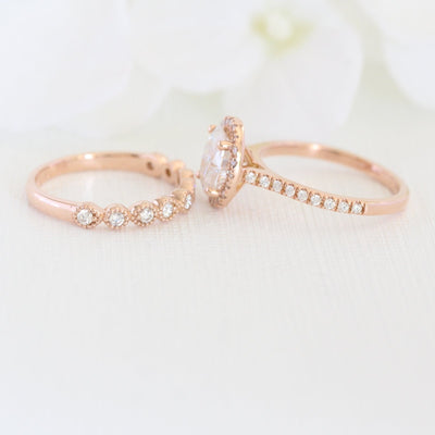 Oval Cut Halo Moissanite Ring With Milgrain Diamond Band