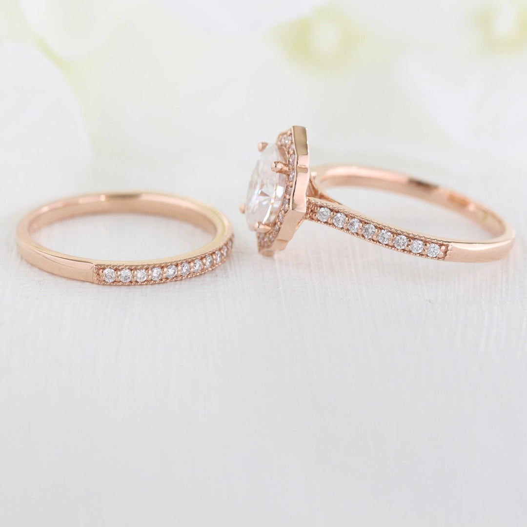 1.50ct Oval Cut Moissanite Halo Bridal Ring Set