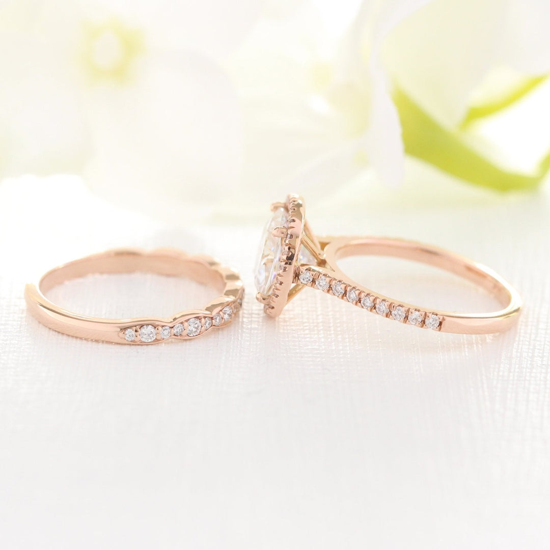 Cushion Halo Pave Moissanite Ring With Scalloped Diamond Band