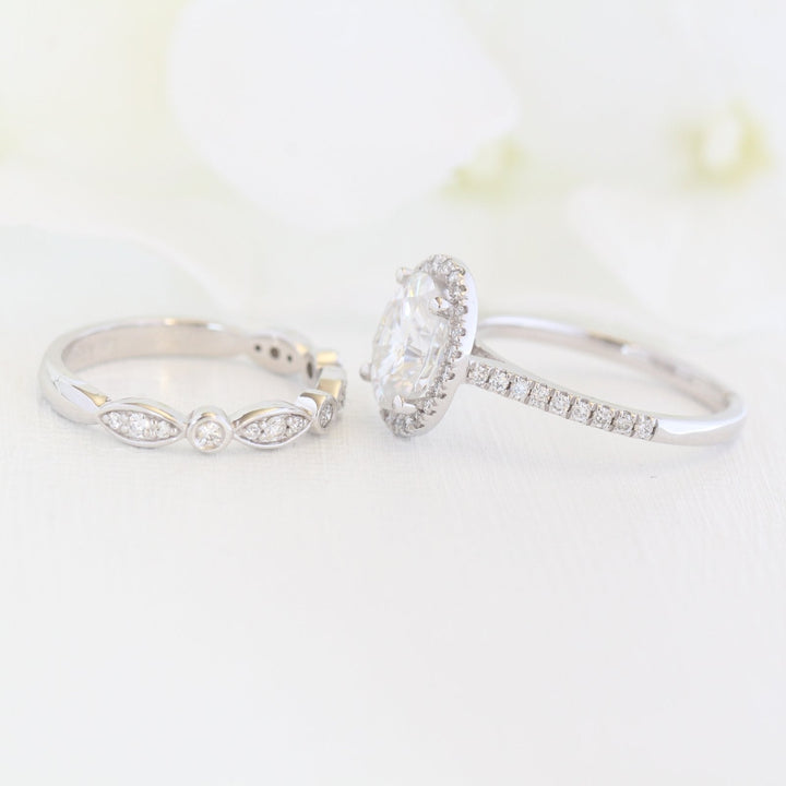 2.0ct Oval Cut Moissanite Halo Engagement Ring With Unique Wedding Band