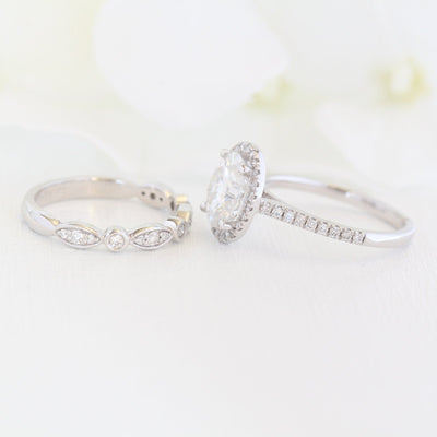 2.0ct Oval Cut Moissanite Halo Engagement Ring With Unique Wedding Band