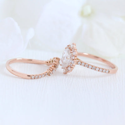 Oval cut moissanite with halo bridal band set 14k in rose gold