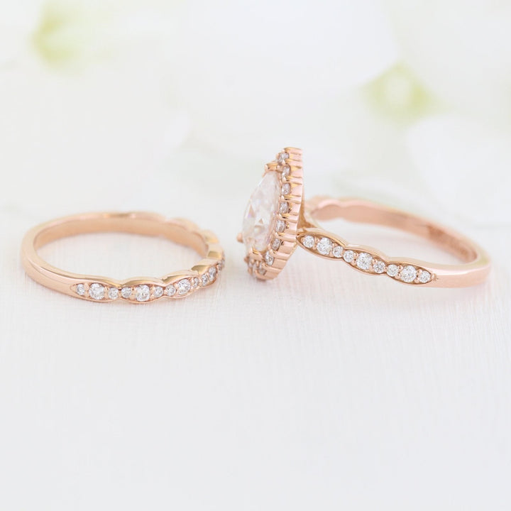 Pear cut moissanite with halo bridal band set 14k in rose gold