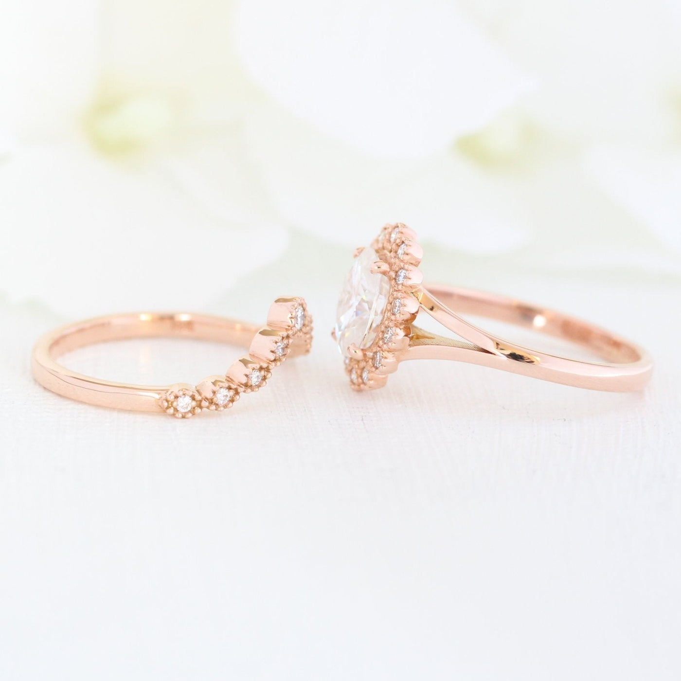 Oval cut moissanite with halo bridal band set 14k in rose gold