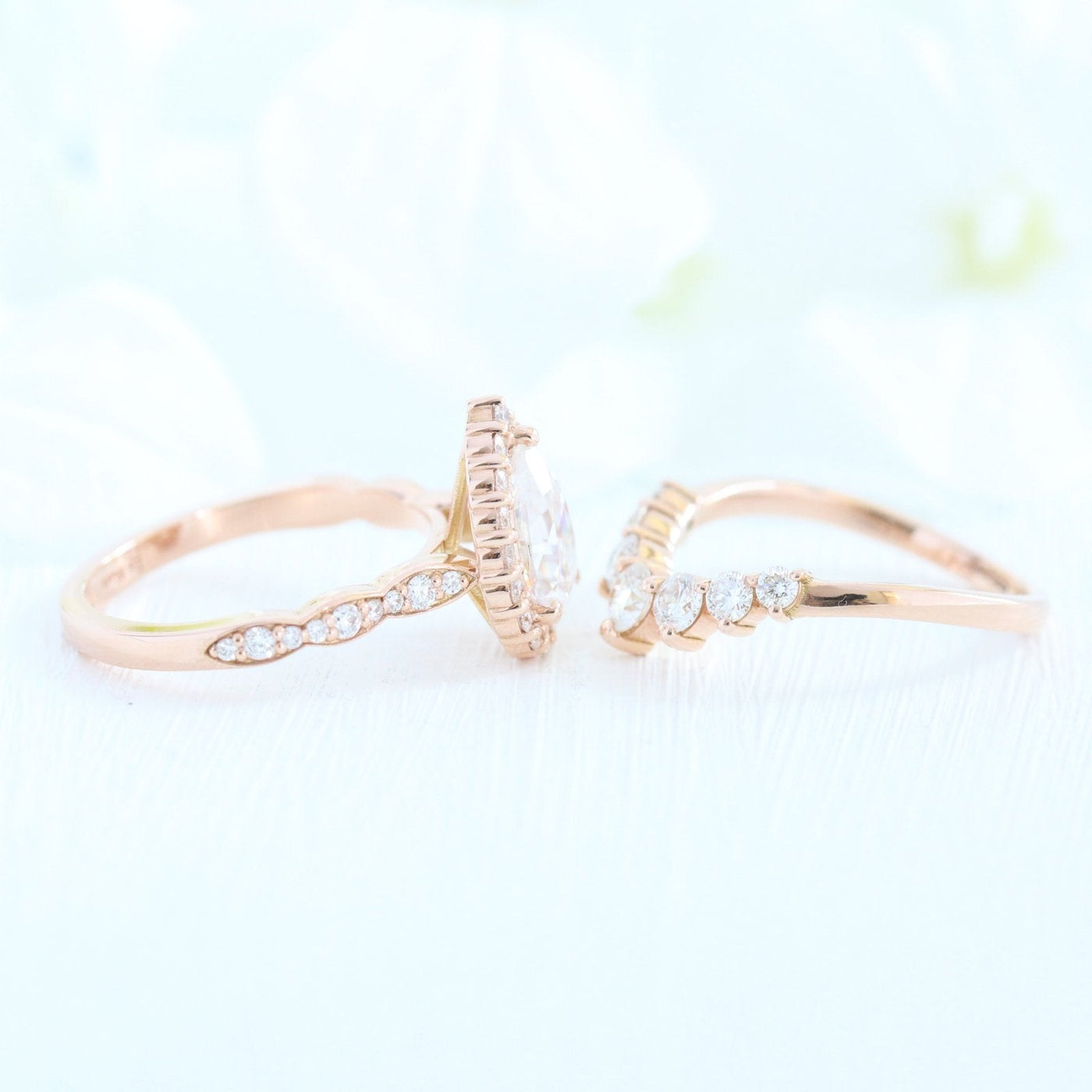 Pear cut moissanite with bridal band set 14k in rose gold
