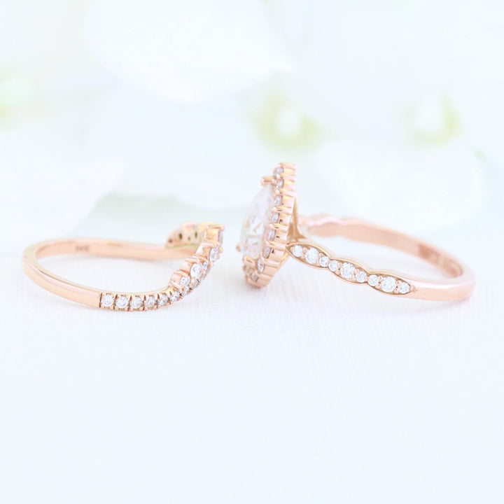 1.50ct Pear Cut Moissanite Halo Ring With Crown Diamond Band