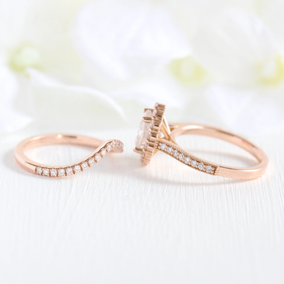 1.50ct Oval Cut Moissanite Halo Engagement Ring With Curved Wedding Band