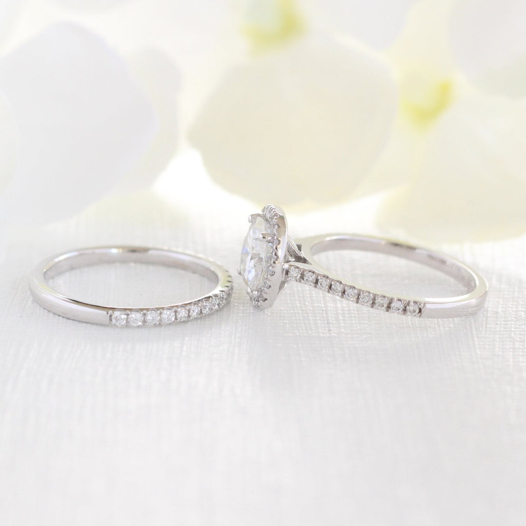 Cushion Cut Halo Pave Moissanite Ring With Diamond Band Ring