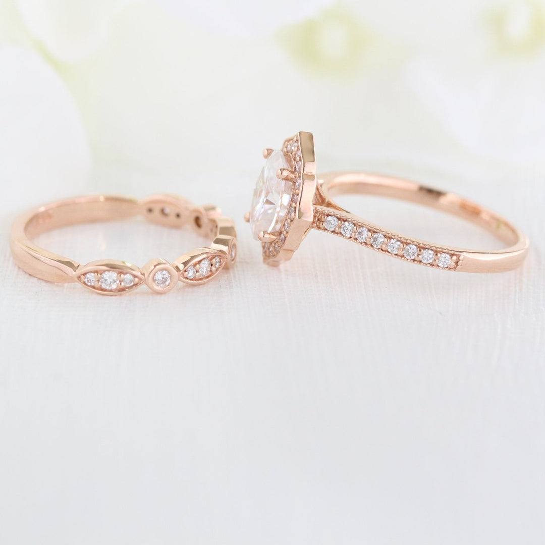 1.50ct Oval Cut Moissanite Unique Halo Ring With Bezel Wedding Band