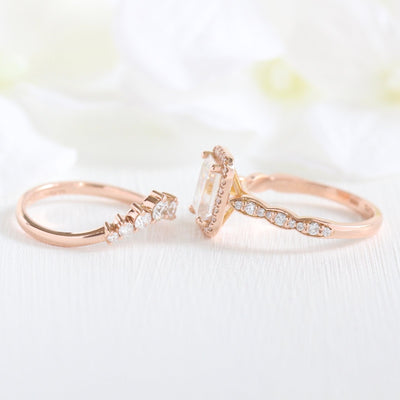 1.60ct Emerald Cut Moissanite Halo Ring With Curved Matching Band