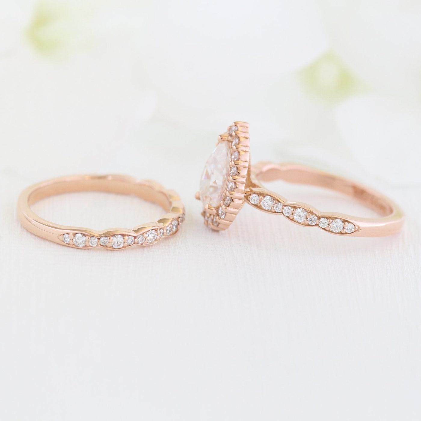 Pear cut moissanite with halo bridal band set 14k in rose gold