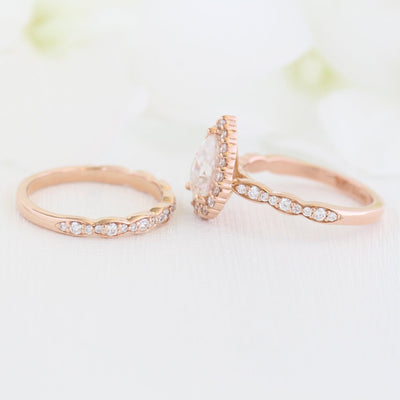 Pear cut moissanite with halo bridal band set 14k in rose gold