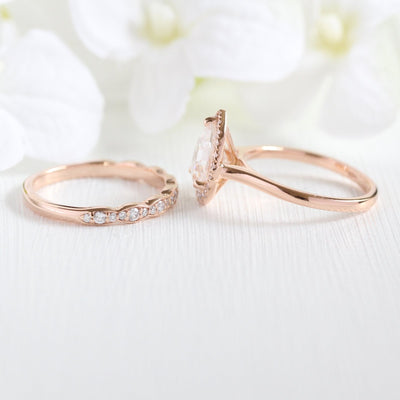 Pear Cut Moissanite Ring With Scalloped Diamond Band