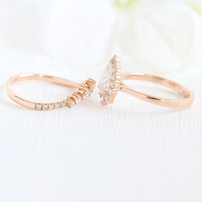 Pear cut moissanite with pave bridal band set 14k in rose gold