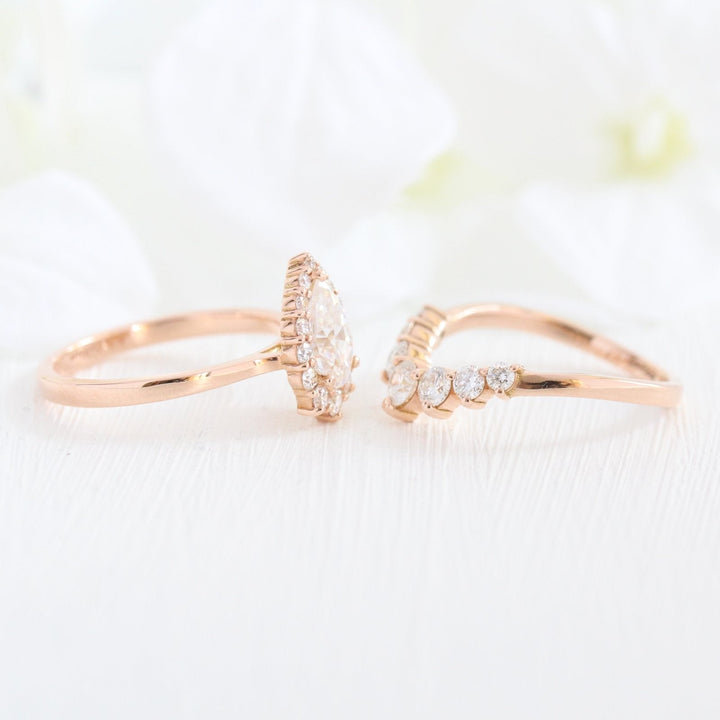Pear cut moissanite with halo bridal band set 14k in rose gold