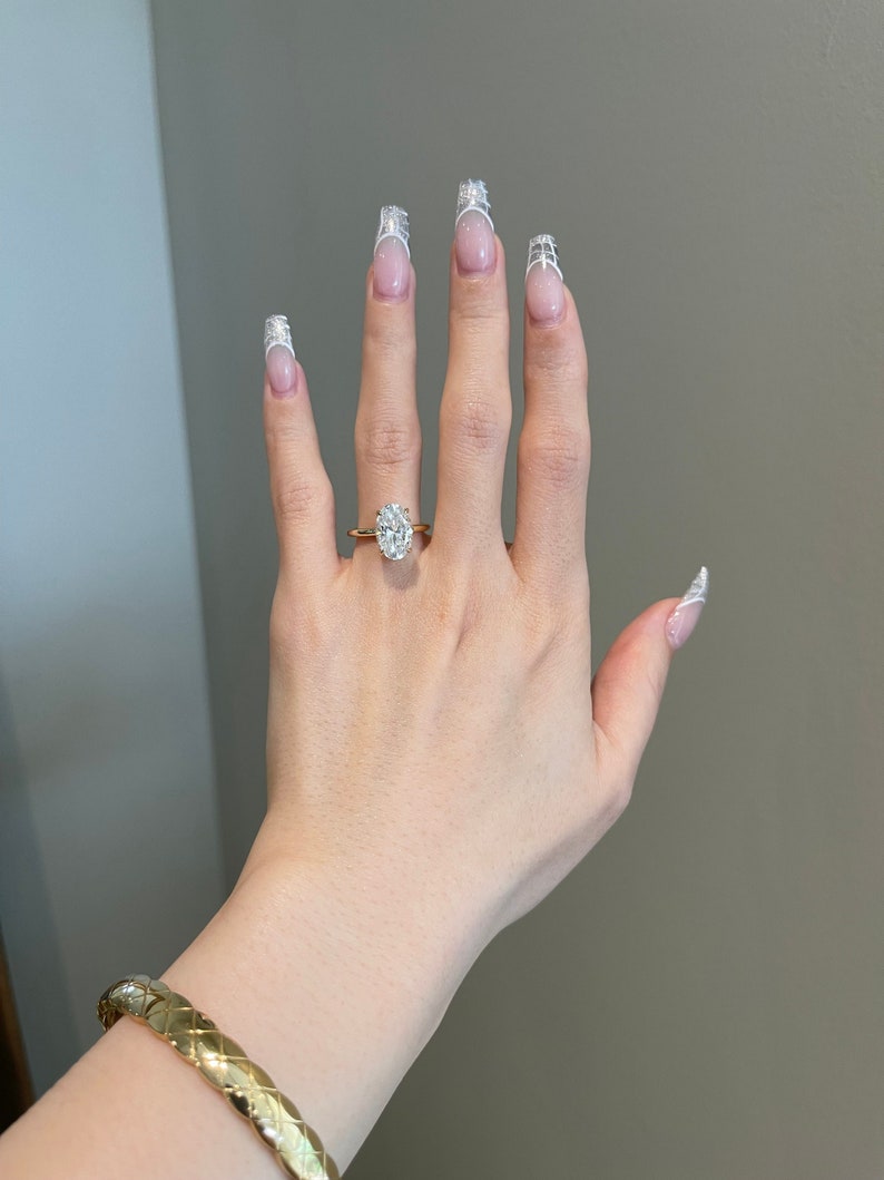 4.0CT Elongated Oval Diamond Hidden Halo Moissanite Engagement Ring