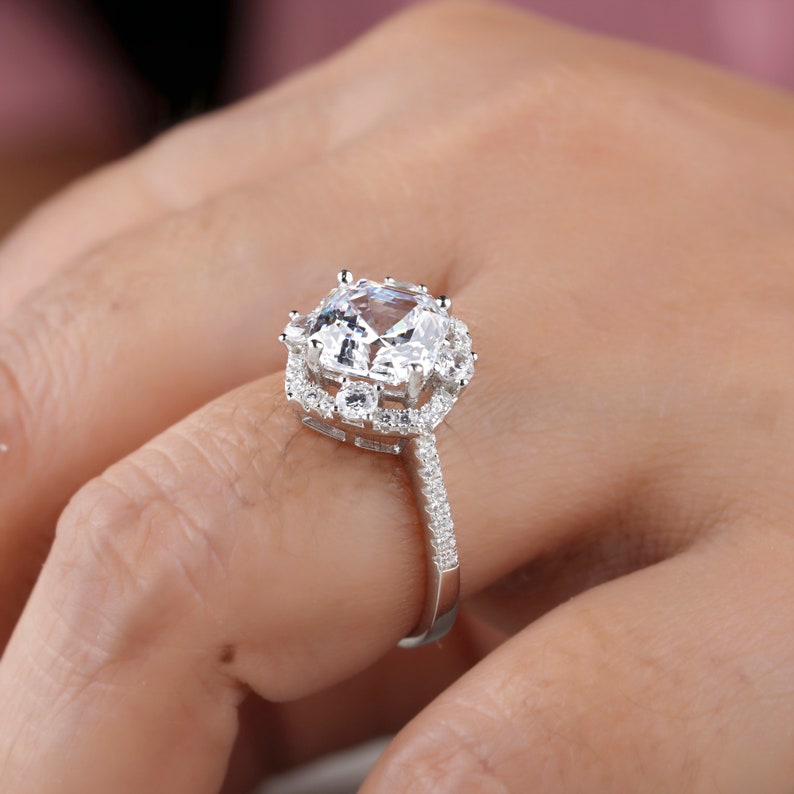 Asscher Diamond Halo Moissanite Engagement Ring
