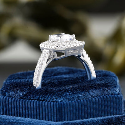 Emerald Cut Diamond Double Halo Moissanite Engagement Ring