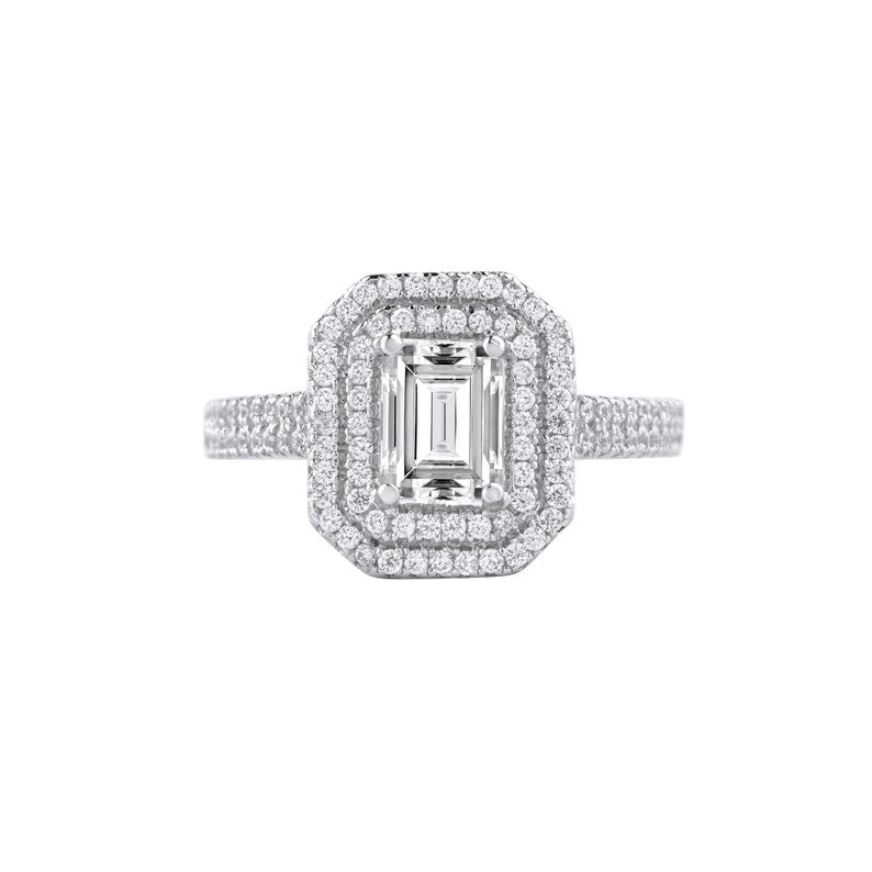 Emerald Cut Diamond Double Halo Moissanite Engagement Ring
