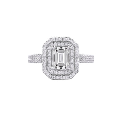 Emerald Cut Diamond Double Halo Moissanite Engagement Ring