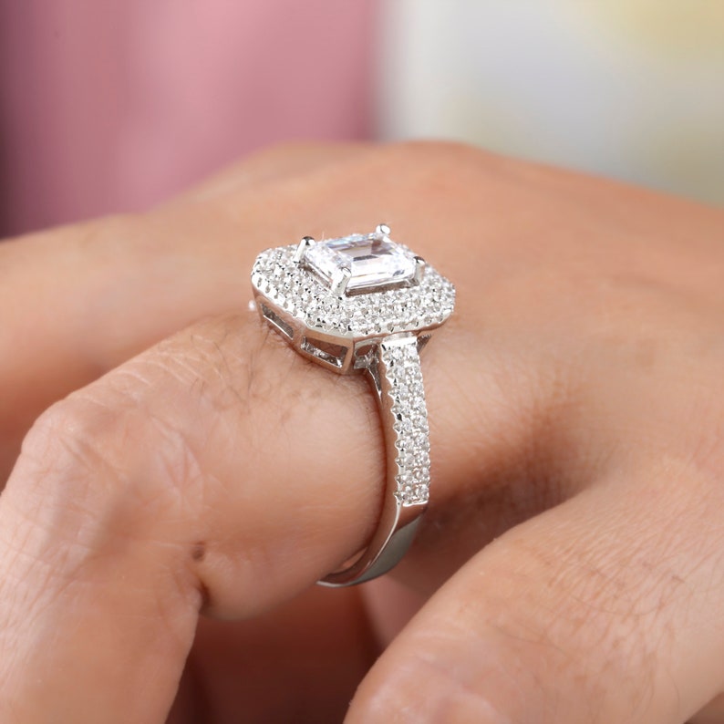 Emerald Cut Diamond Double Halo Moissanite Engagement Ring