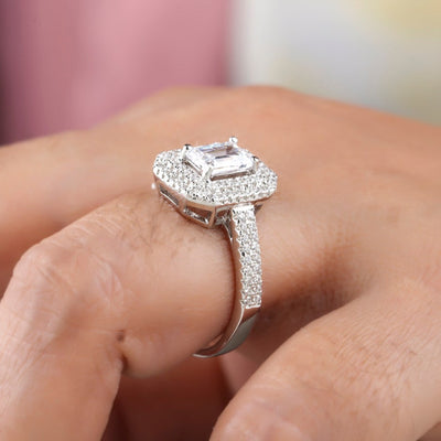Emerald Cut Diamond Double Halo Moissanite Engagement Ring