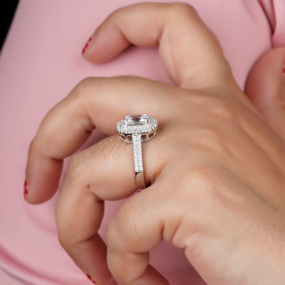 Emerald Cut Diamond Double Halo Moissanite Engagement Ring