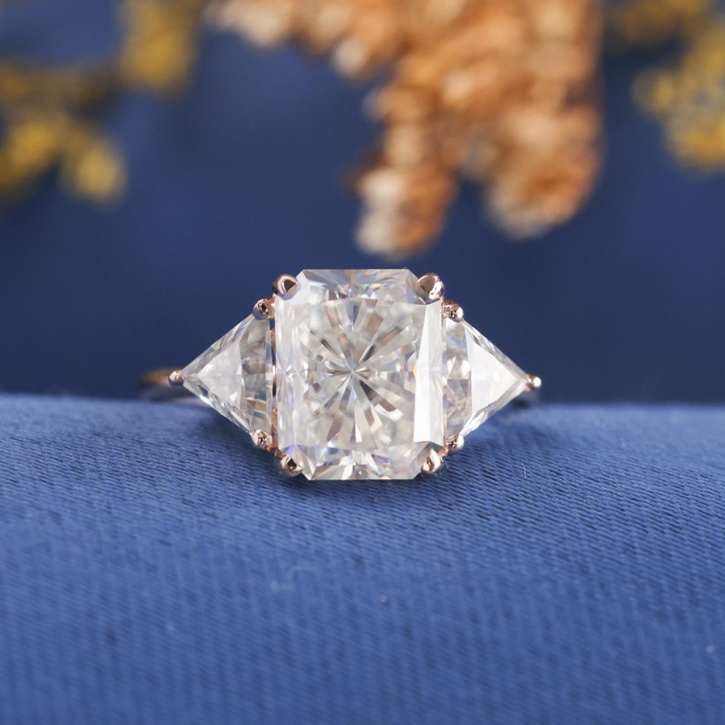 Three Stone Radiant Diamond Moissanite Engagement Ring