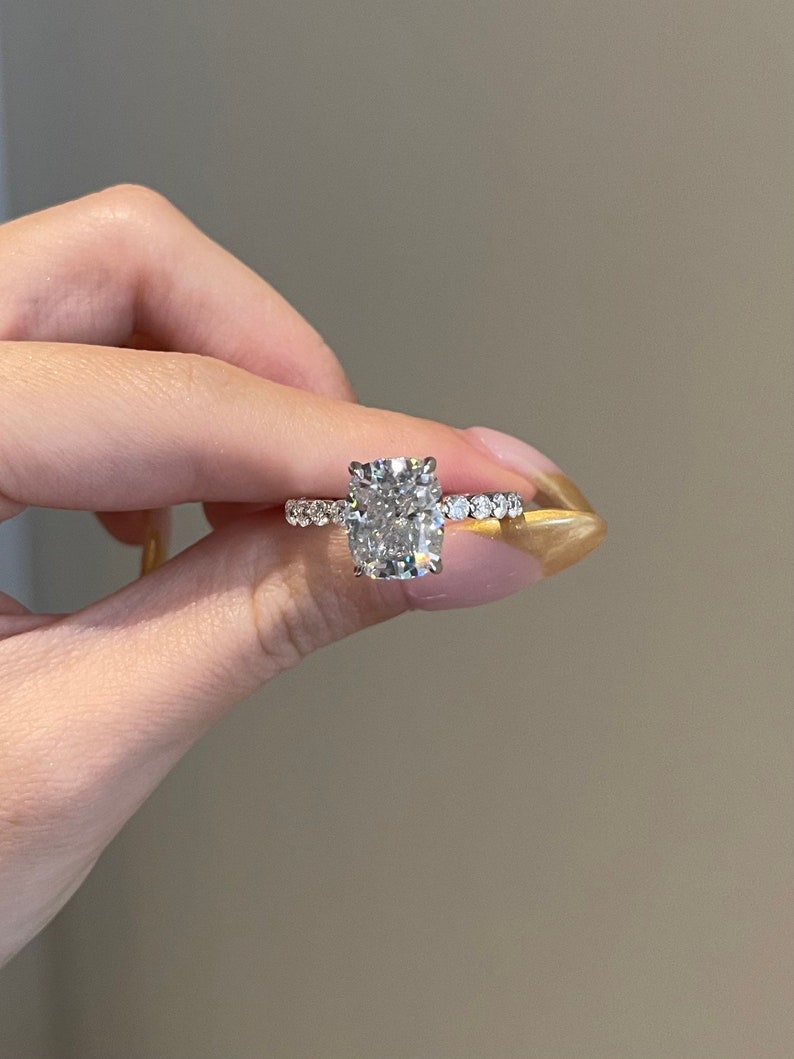 5CT Elongated Cushion Cut Hidden Halo Moissanite Diamond Engagement Ring