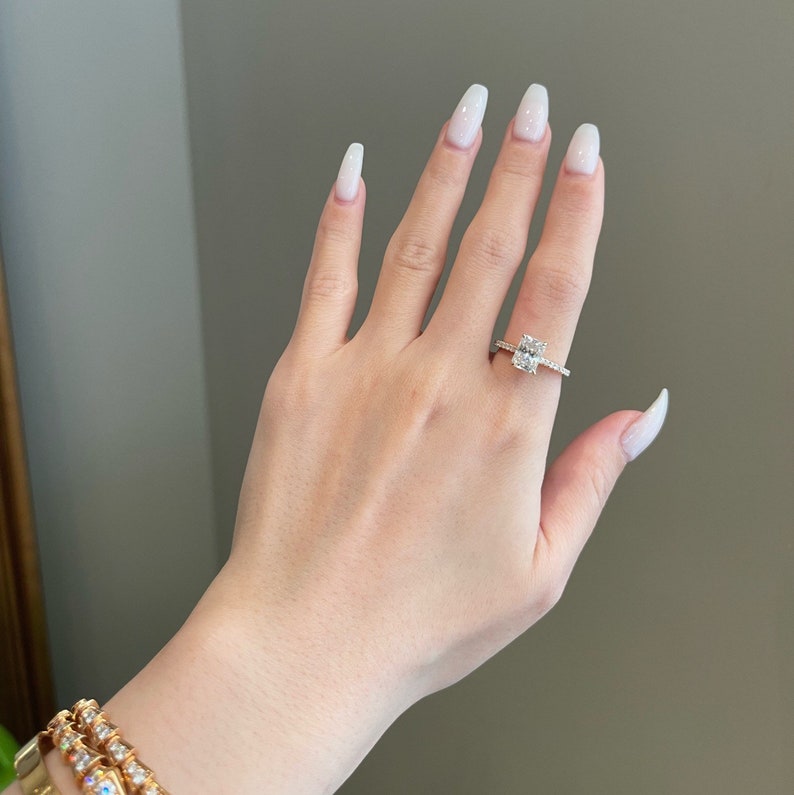 Emerald Cut Diamond Pave Moissanite Engagement Ring