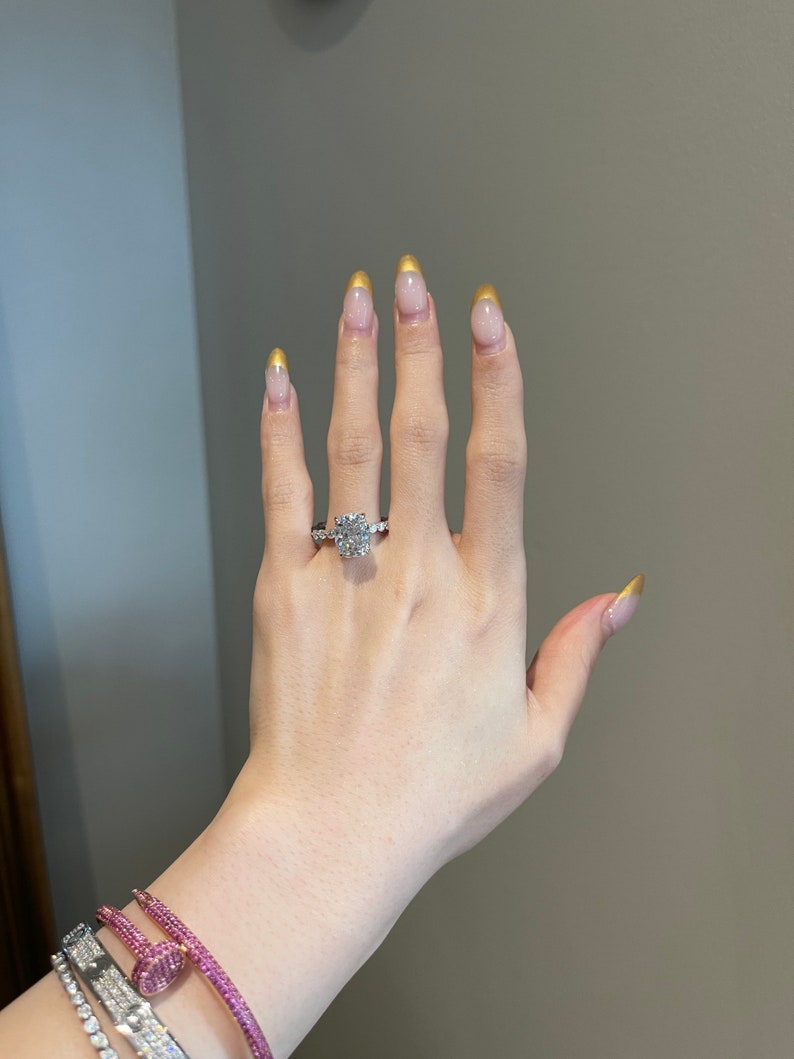 5CT Elongated Cushion Cut Hidden Halo Moissanite Diamond Engagement Ring