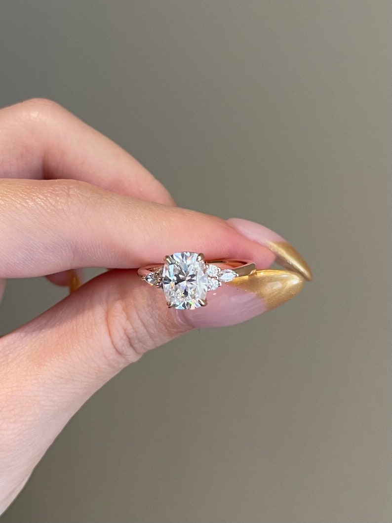 3.0 Elongated Cushion Cut Cluster Moissanite Diamond Engagement Ring