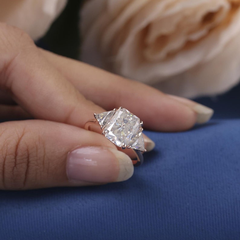 Three Stone Radiant Diamond Moissanite Engagement Ring