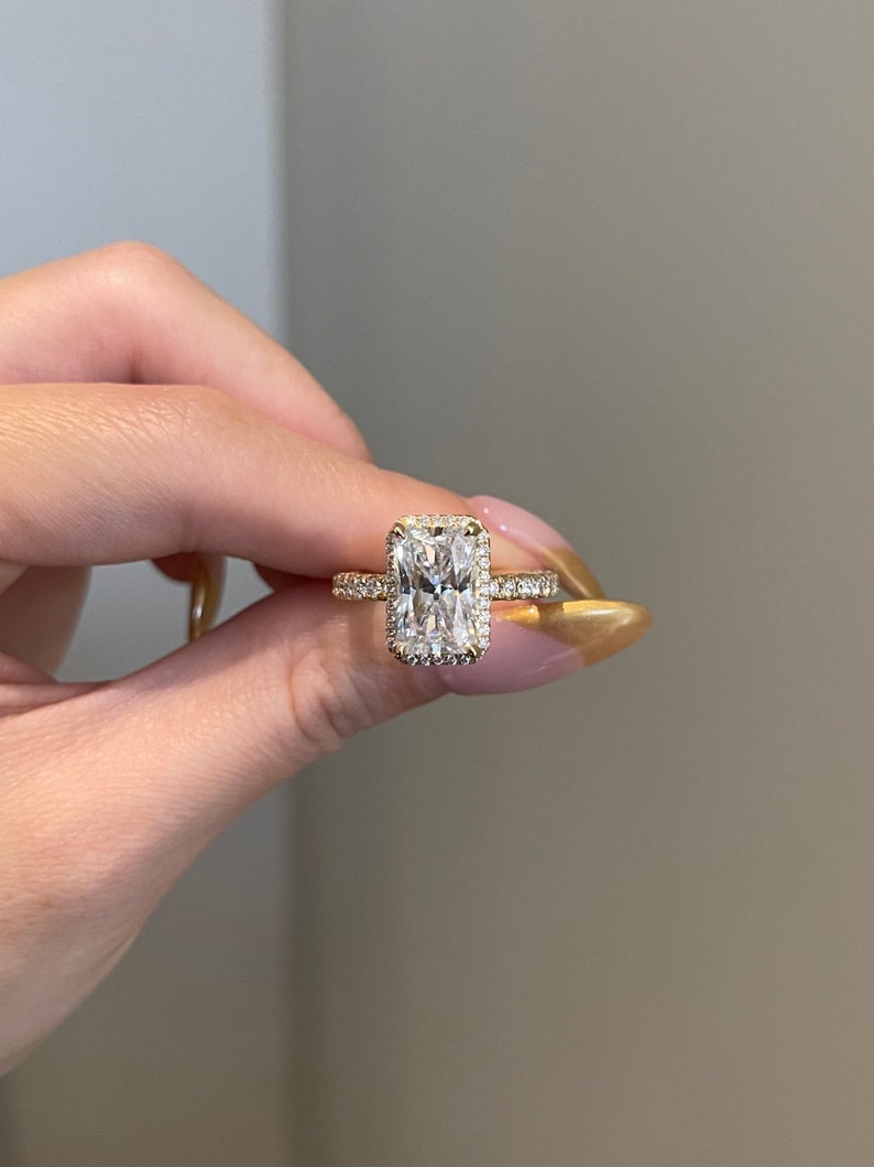 4.0CT Elongated Radiant Cut Three Side Pave Moissanite Diamond Engagement Ring