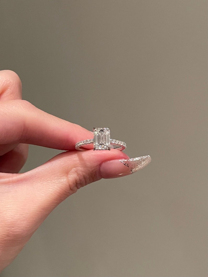 Emerald Cut Pave Setting Moissanite Engagement Ring