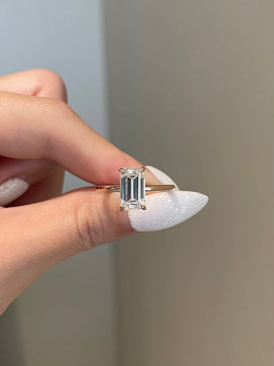 Elongated Emerald Cut Diamond Moissanite Engagement Ring