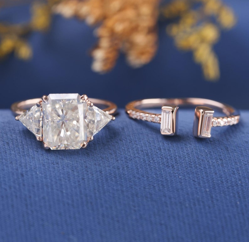 Three Stone Radiant Diamond Moissanite Engagement Ring