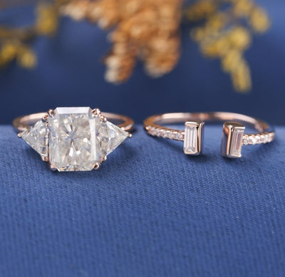 Three Stone Radiant Diamond Moissanite Engagement Ring