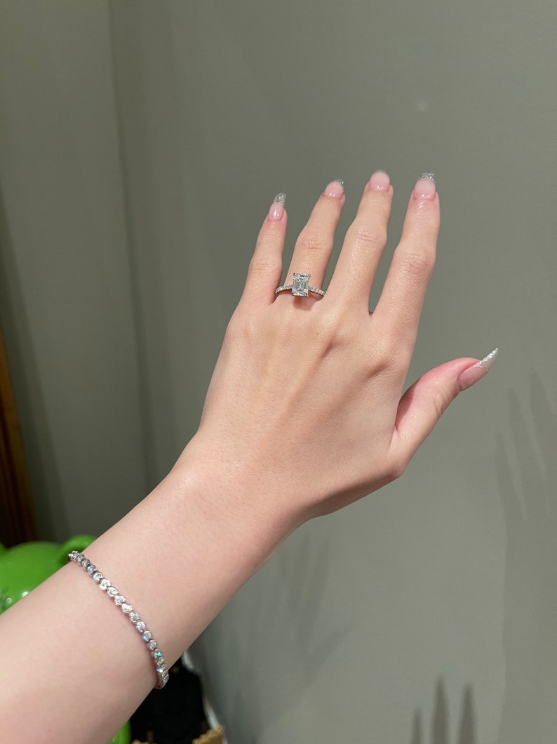 Emerald Cut Pave Setting Moissanite Engagement Ring