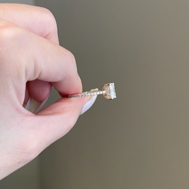 Emerald Cut Diamond Pave Moissanite Engagement Ring