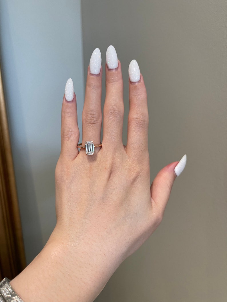 Elongated Emerald Cut Diamond Moissanite Engagement Ring