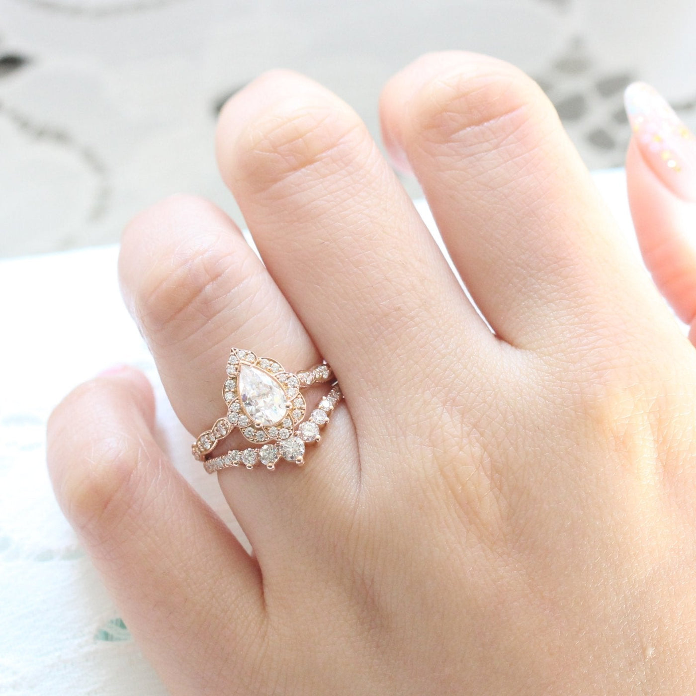 Pear cut moissanite with bridal band set 14k in rose gold