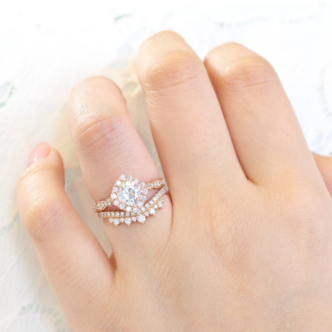 Cushion Cut Halo Ring in Scalloped Band With Crown Diamond Band Ring