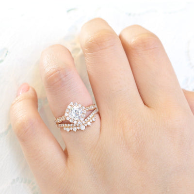 Cushion Cut Halo Ring in Scalloped Band With Crown Diamond Band Ring
