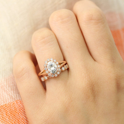 Vintage Oval Halo Moissanite Ring With Milgrain Diamond Band