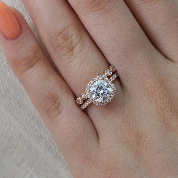Cushion cut moissanite with halo bridal band set 14k in rose gold