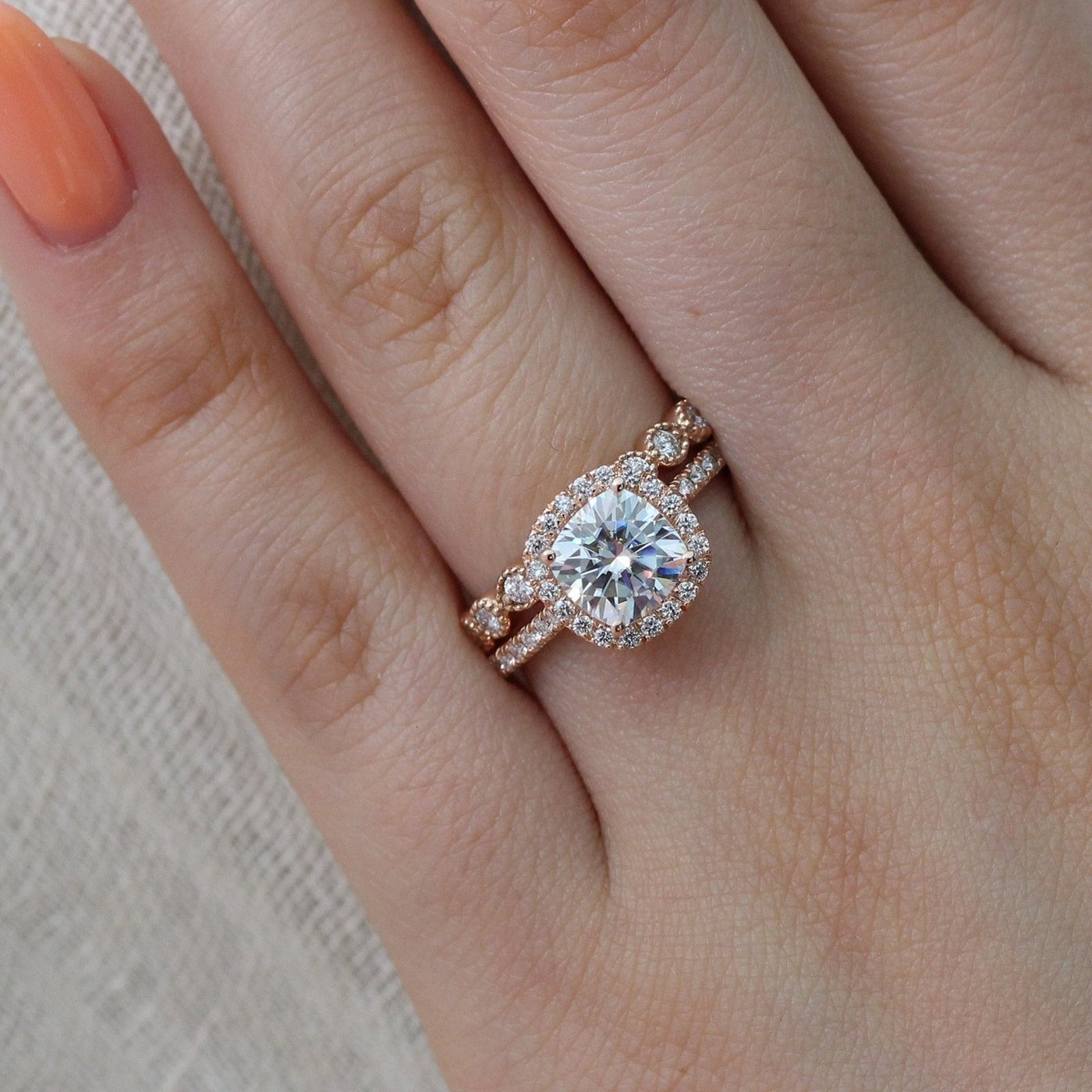 Cushion cut moissanite with halo bridal band set 14k in rose gold