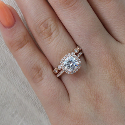 Cushion cut moissanite with halo bridal band set 14k in rose gold